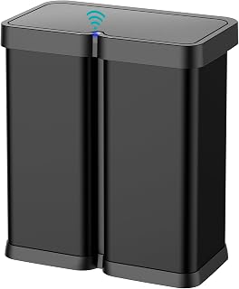 Touchless Sensor Trash Can, 16 Gallon (2 x 8 Gallon) Dual Compartment Garbage Can, 60L Stainless Steel Kitchen Trash Can, Stays Open and Soft Close – (Black)