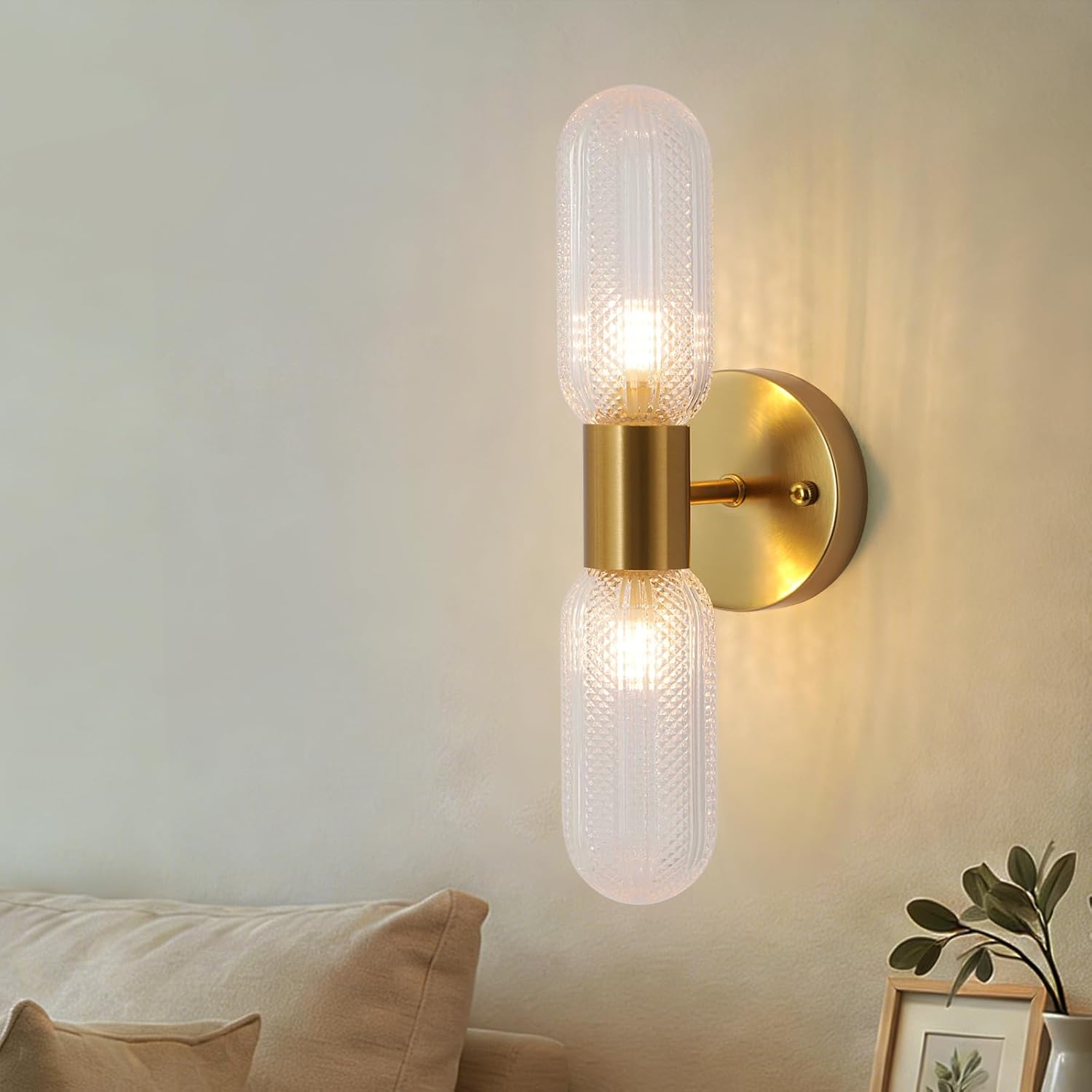 Wall Lamps for Living Room Modern Gold Sconces Wall Lighting for Bedroom 2-Light Glass Shade Bathroom Brass Wall Sconce for Vanity Hallway Hardwired Wall Scones with 2 G9 LED Bulbs