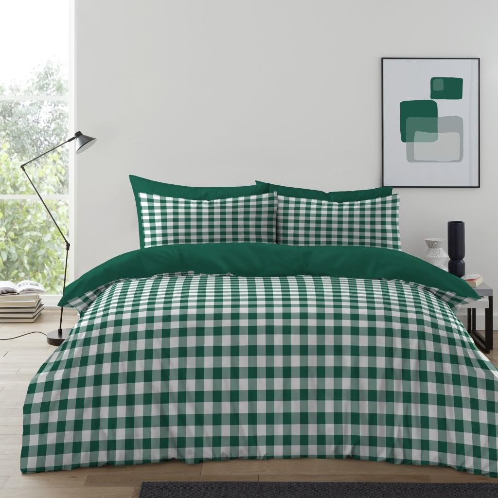 Lions Forest Green Gingham Bedding - 100% Polyester - Double Bed Size Checked Duvet Cover Set with Matching Pillowcase, Soft Microfibre Reversible Printed Quilt Covers, 200x200cm