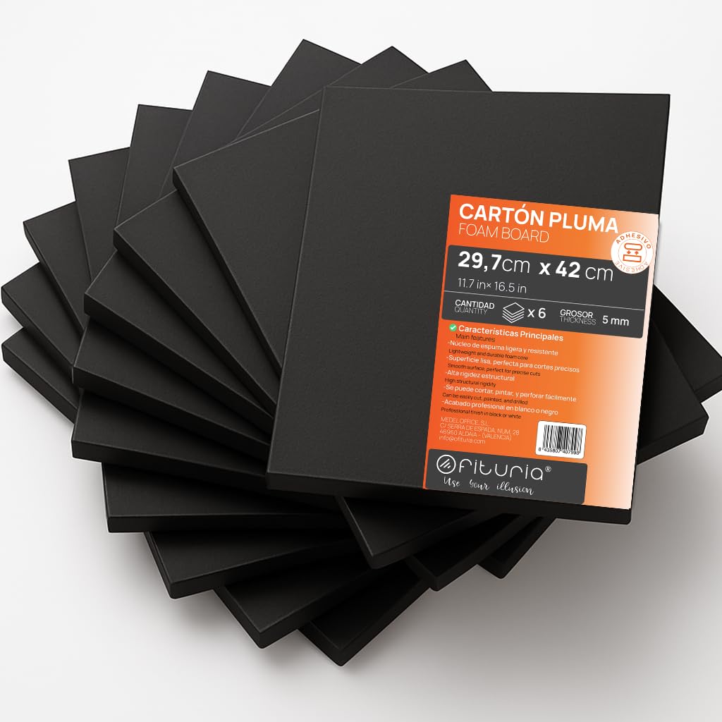 OFITURIA Black Foam Panel A3 Adhesive (29.7 x 42 cm) Pack of 6 Pieces, Foam Sheet, Lightweight and Rigid Foam Board, Multi-Purpose Foamboard with Easy Cut, Ideal for Crafts and Models, Thickness 5 mm
