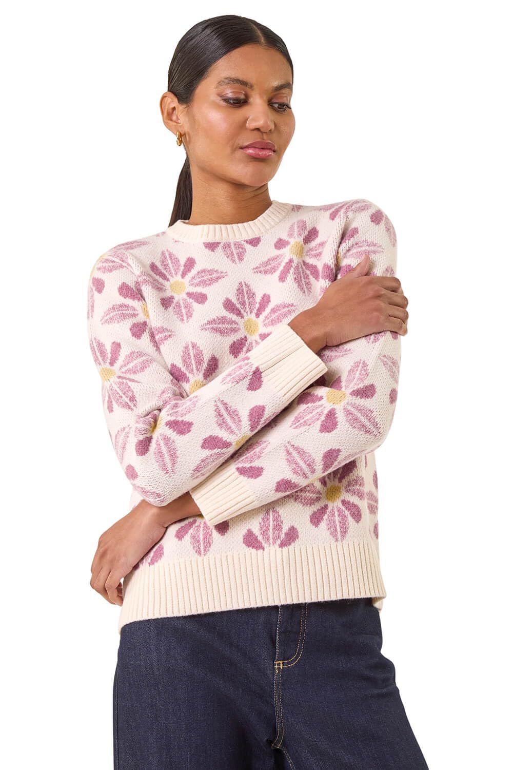 Roman Women's Floral Crew Neck Knit Jumper in Ivory | Size: 14