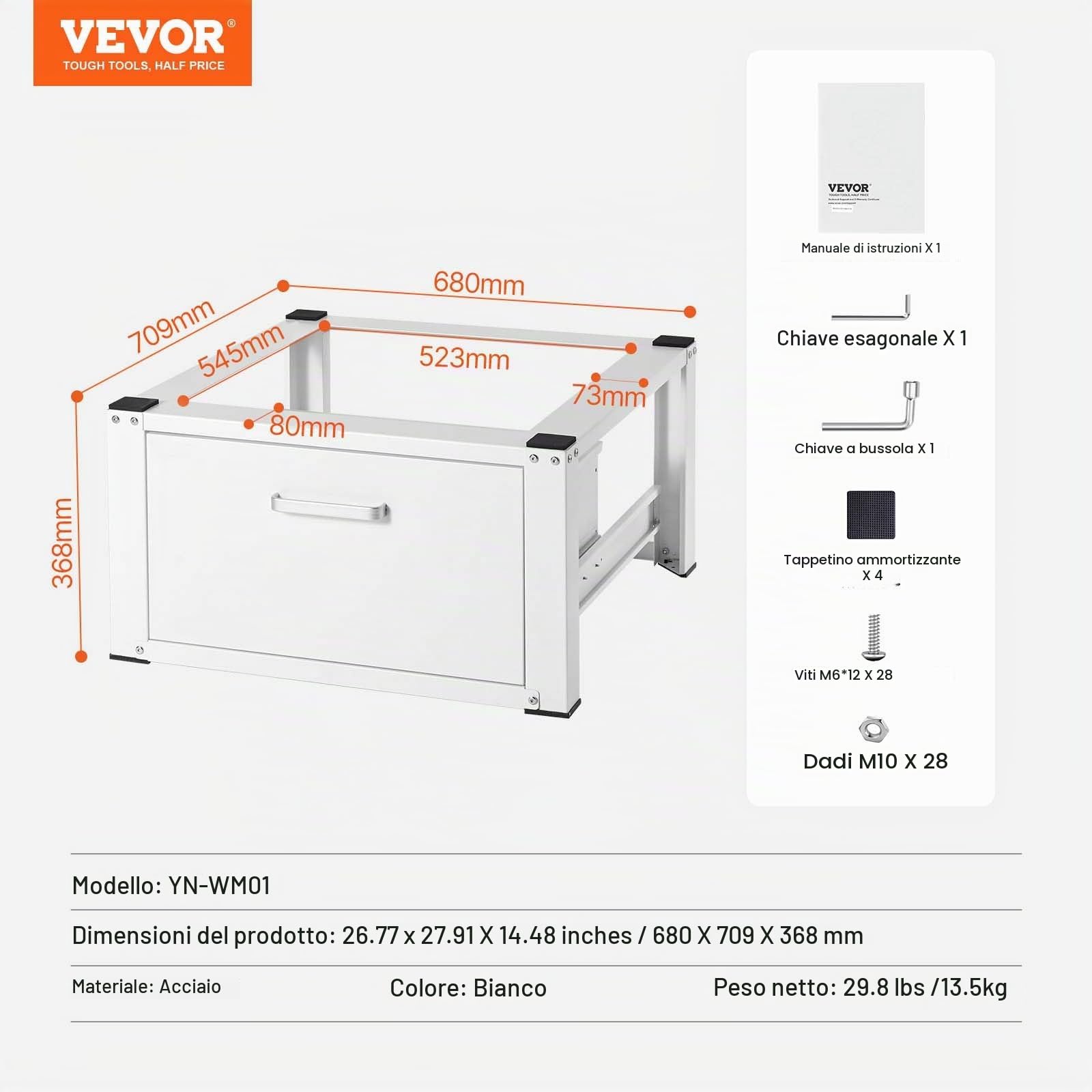 VEVOR Piedistallo per Lavanderia 27" di Larghezza 14,4" di Altezza, Piattaforma Universale con Capacità di 660 Libbre, Base Multifunzionale per Lavatrice con Cassetto e Ricchi Accessori