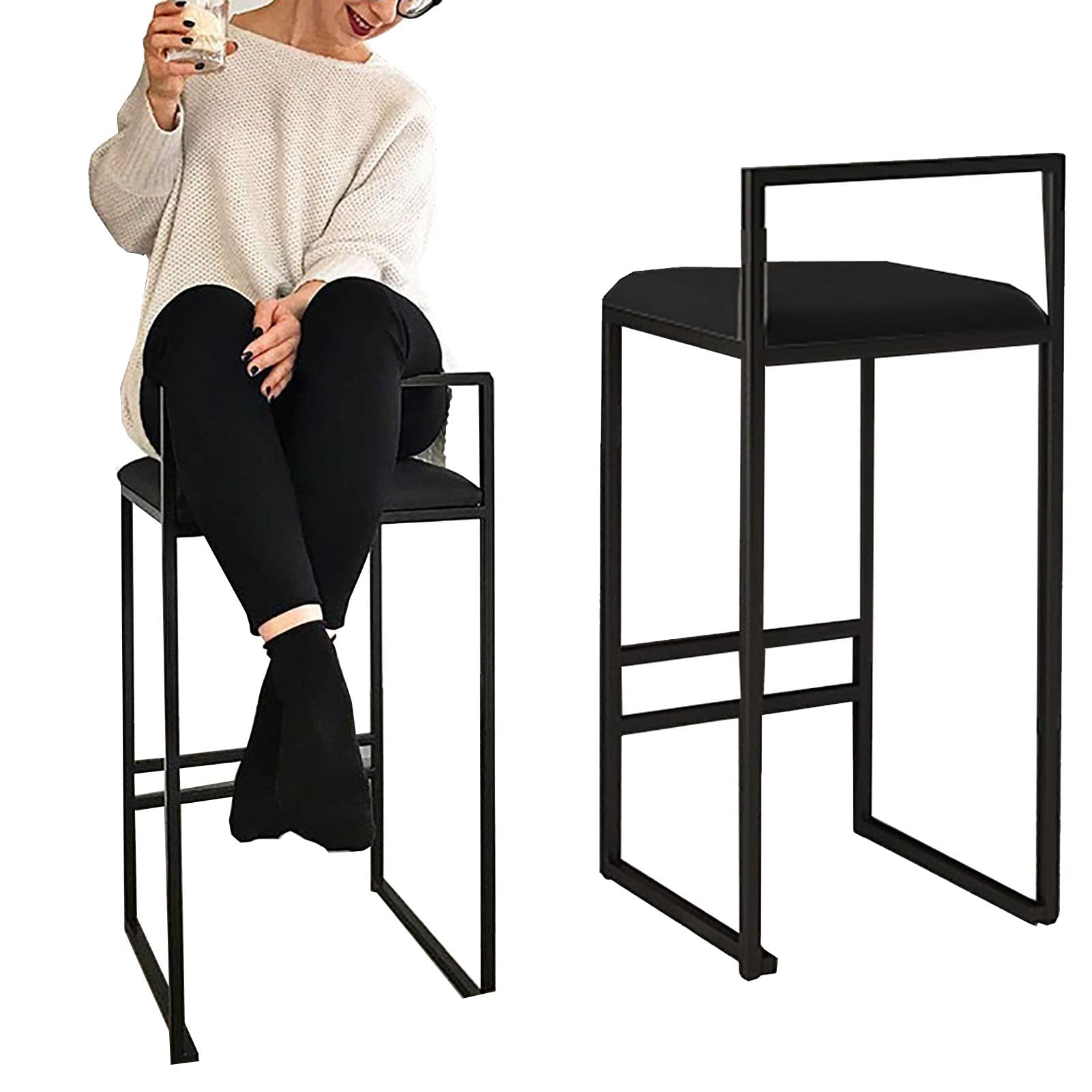 Tabourets de bar 65 cm DASHADAO en flanelle noire avec dossier ergonomique pour cuisine, lot de 2