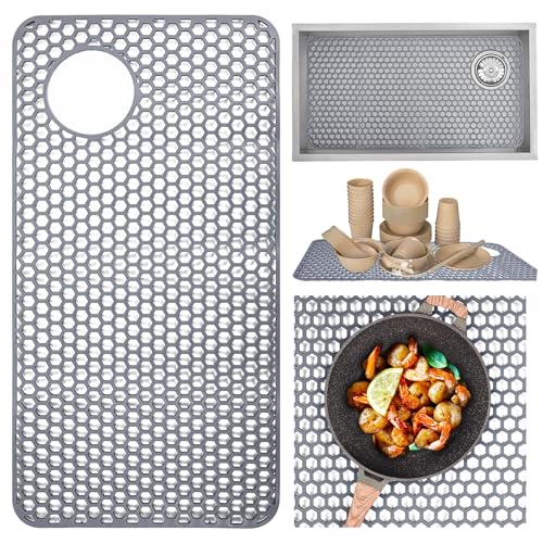 Silicone Sink Protector, 28.3x14.4 Inch Kitchen Mat, Non-Slip Heat Resistant with Drain Hole for Bottom of Farmhouse Porcelain Stainless Steel Sink Pad Gray