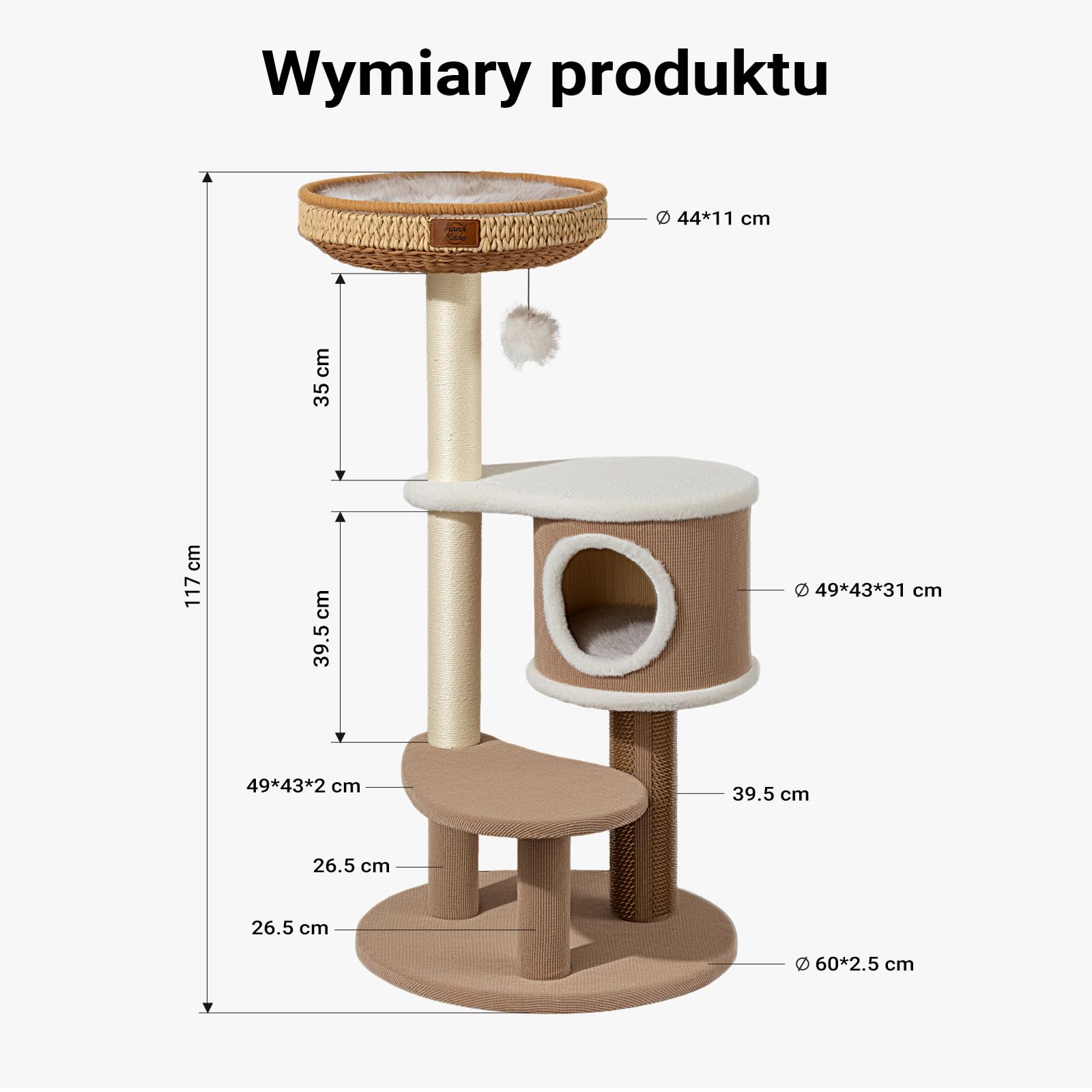 Fudajo Forest Lodge 117 cm drapak w kolorze beżowym, drapak z domkiem dla kota, legowiskiem, elementem do masażu i słupkami do drapania z papierowej liny