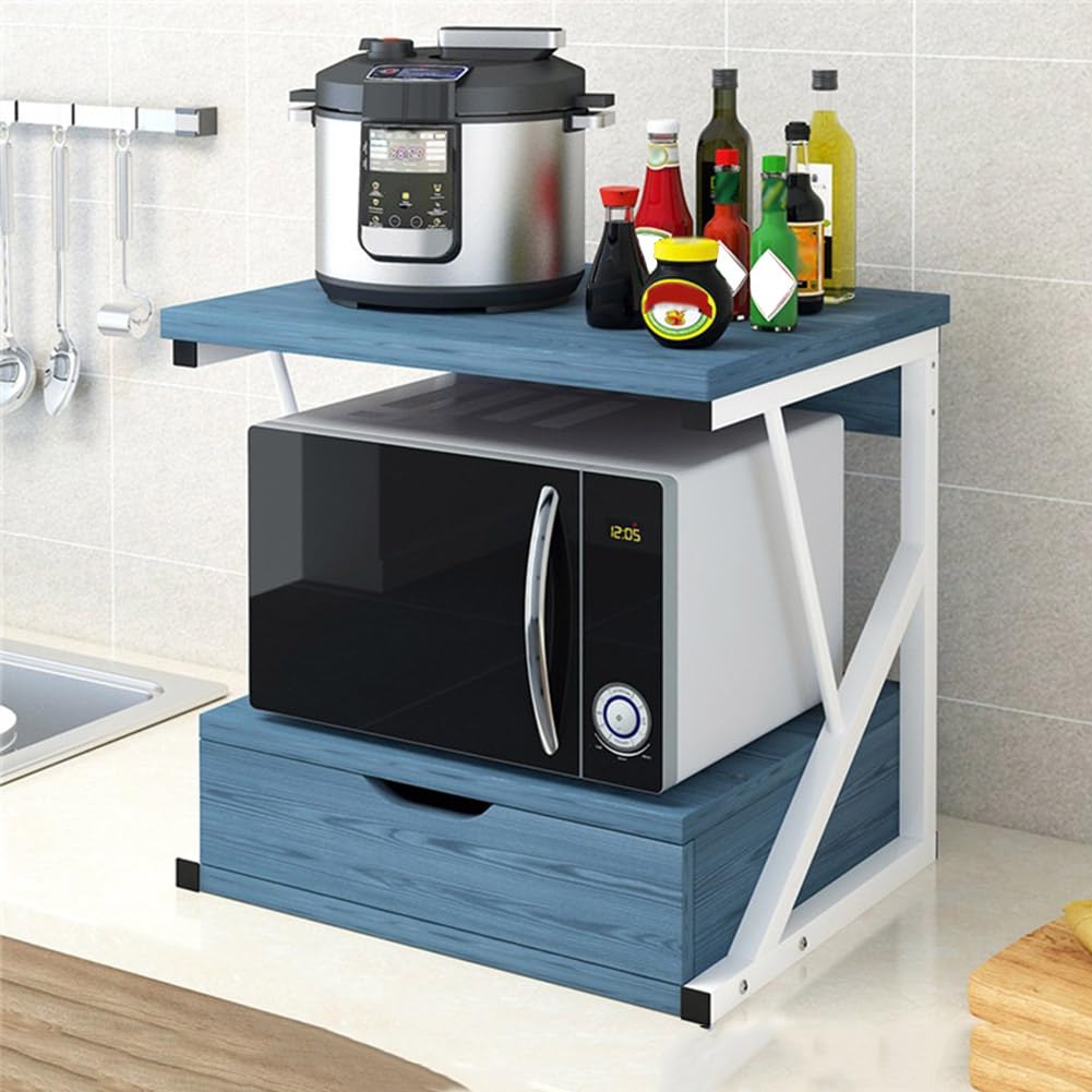 GLJTUO 2-Tier Wooden Microwave Stand with Drawer - Heavy Duty Kitchen Storage nizer Rack for Microwaves Toasters Printers & More - Space-Saving Countertop Shelf,Blue Pine