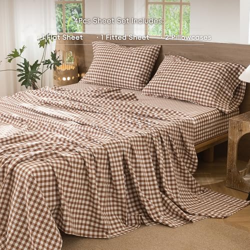 Image of MooMee Gingham Sheet Set 100% Washed Cotton Linen Like Textured Breathable Soft w / Fully Elasticized 16-19 inch Deep Pocket (Classic Gingham Dark Orange, Queen)