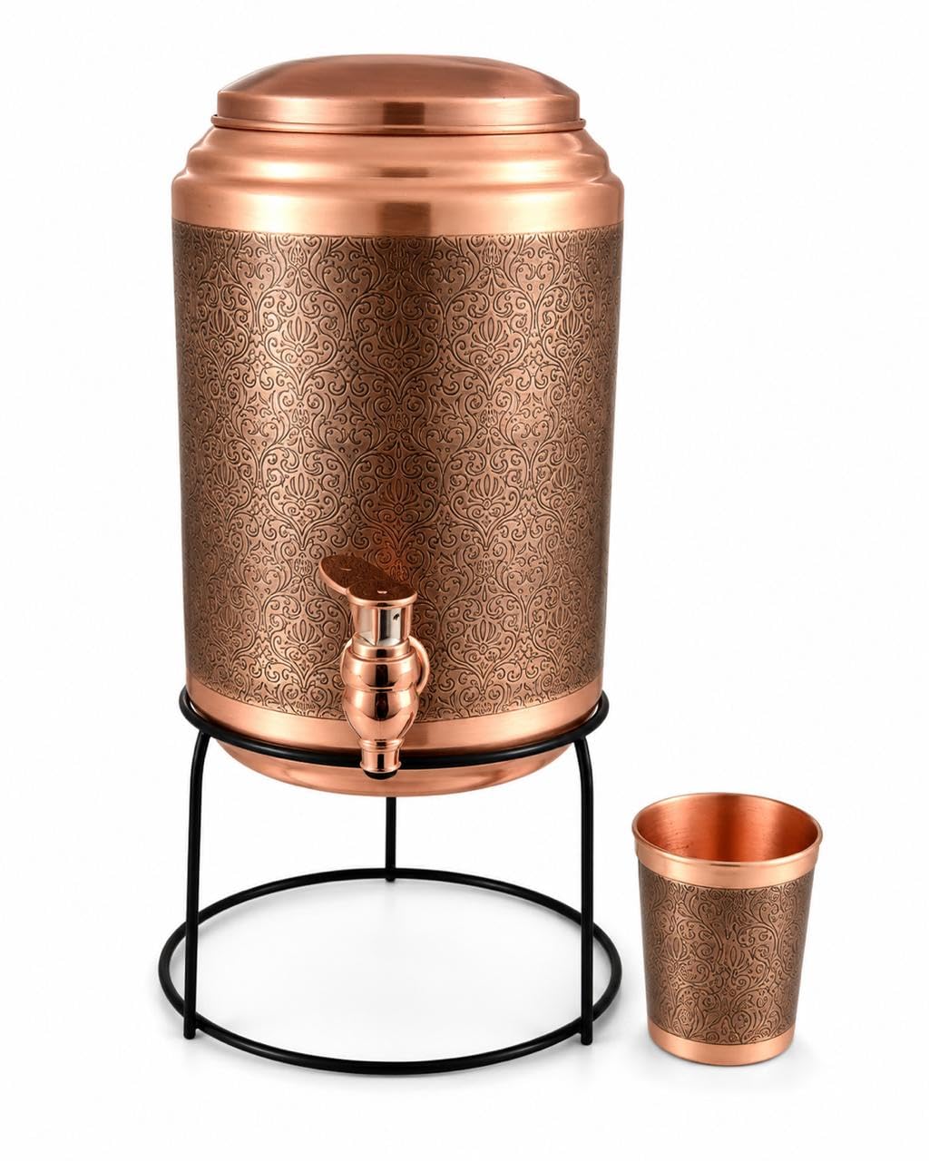 Pure Copper Water Dispenser 5 Litre with Full Etching Design, Copper Water Storage Tank with Metal Stand & 200 ml Copper Glass, Leakproof Brass Tap, Ayurvedic Drinking Water Pot for Home-image-40