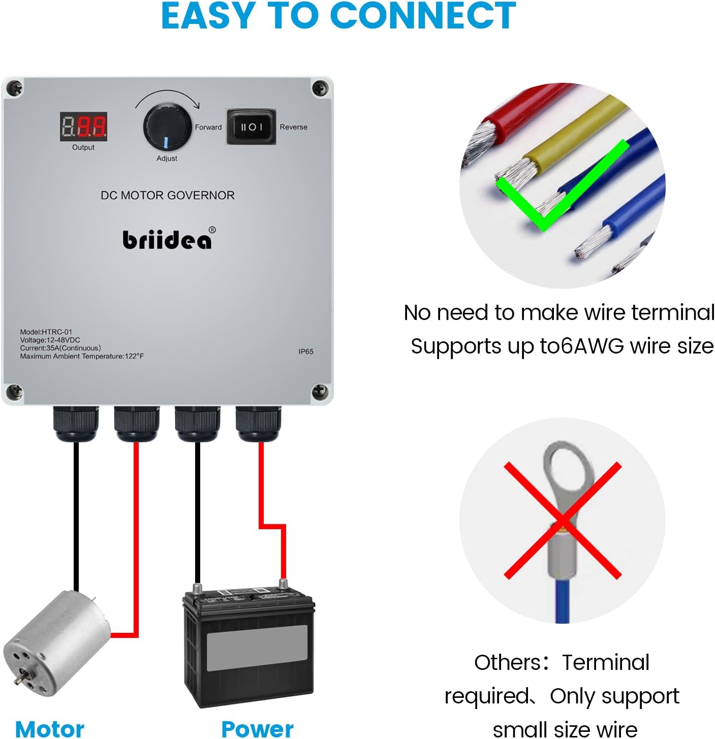 Wiring diagram for the Briidea HTRC-01 controller showing connections for motor and power supply