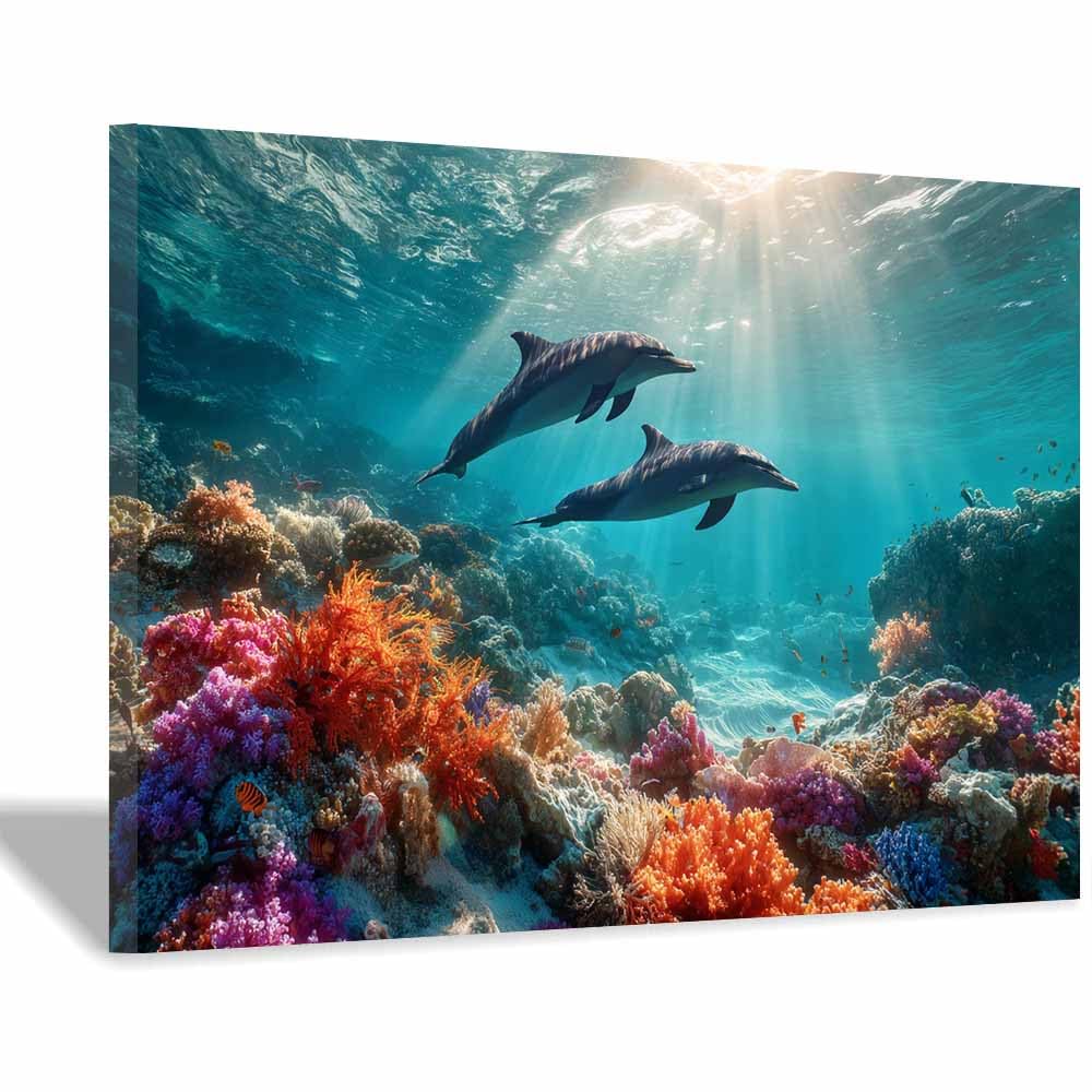 HUYEEI at Sea Ocean Painting Porpoise at plays among the reefs Seascape Wall Pictures Modern for Bedroom Office Decoration Room Home Decor Works(blue)-60x90cm Framed