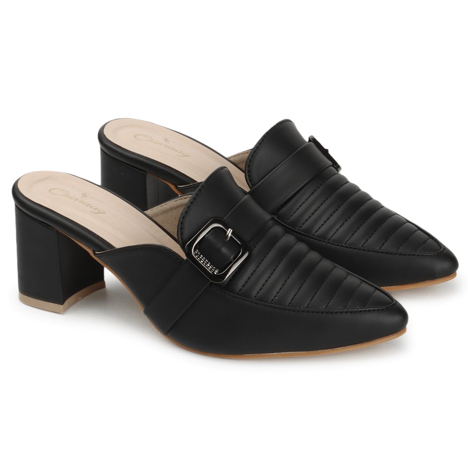 Women Elegant Pointed Toe Block Heel Mules with Stylish Buckle Detail, Cushioned Comfort, Soft Inner Lining. (CR-317-P)-image-41