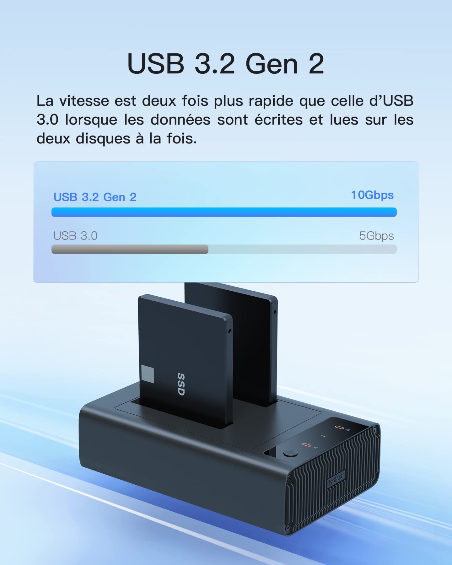Inateck Station d'accueil USB 3.2 Gen 2, Uniquement pour SSD/HDD SATA de 2,5 Pouces, avec Logiciel de Clonage, FD2025