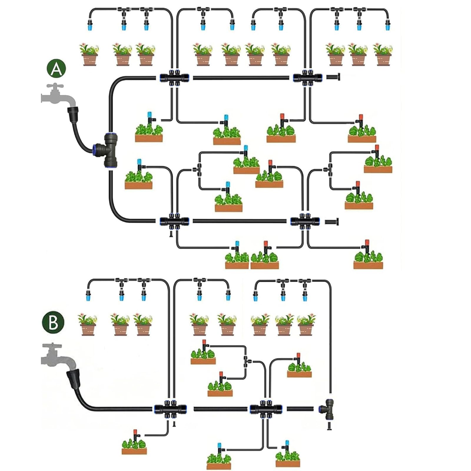 Quick-Connect Automatisches Tropfbewässerungssystem Kit - 60 m Gartenbewässerungsset mit verstellbaren Düsen und Sprinklern für Gewächshaus, Rasen und Topfpflanzen Bewässerungssystem