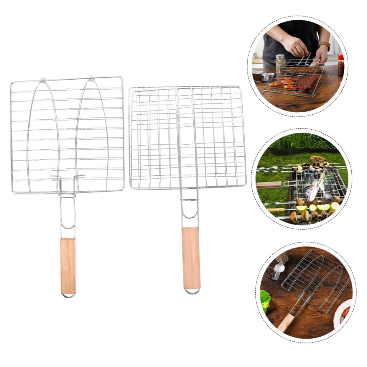 BESTonZON Fischgrillkorb zum Einfachen Wenden von Fisch und Gemüse 2 Stück aus Edelstahl mit Holzgriff Leicht und Praktisch für Outdoor Camping und Picknick
