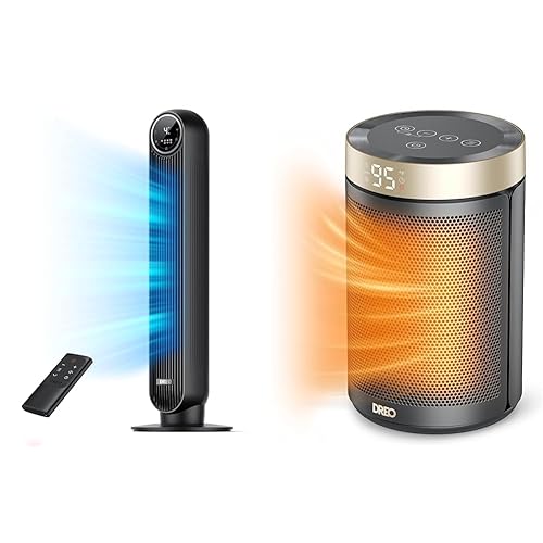Dreo Tower Fan for Bedroom, 24ft/s Velocity Quiet Floor Fan & Space Heater, Portable Electric Heaters for Indoor Use with Thermostat