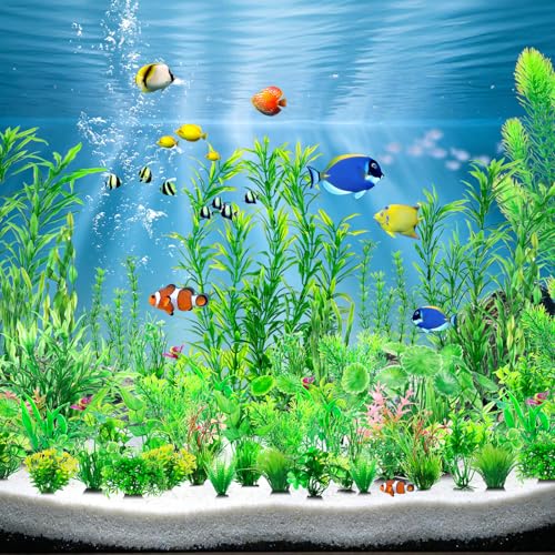 Image of CousDUoBe 53 Pcs Fish Tank Accessories Aquarium Decorations Green Plants, Green Fish Tank Decorations Plant, Fish Tank Decor, Aquarium Decor Plastic Plants