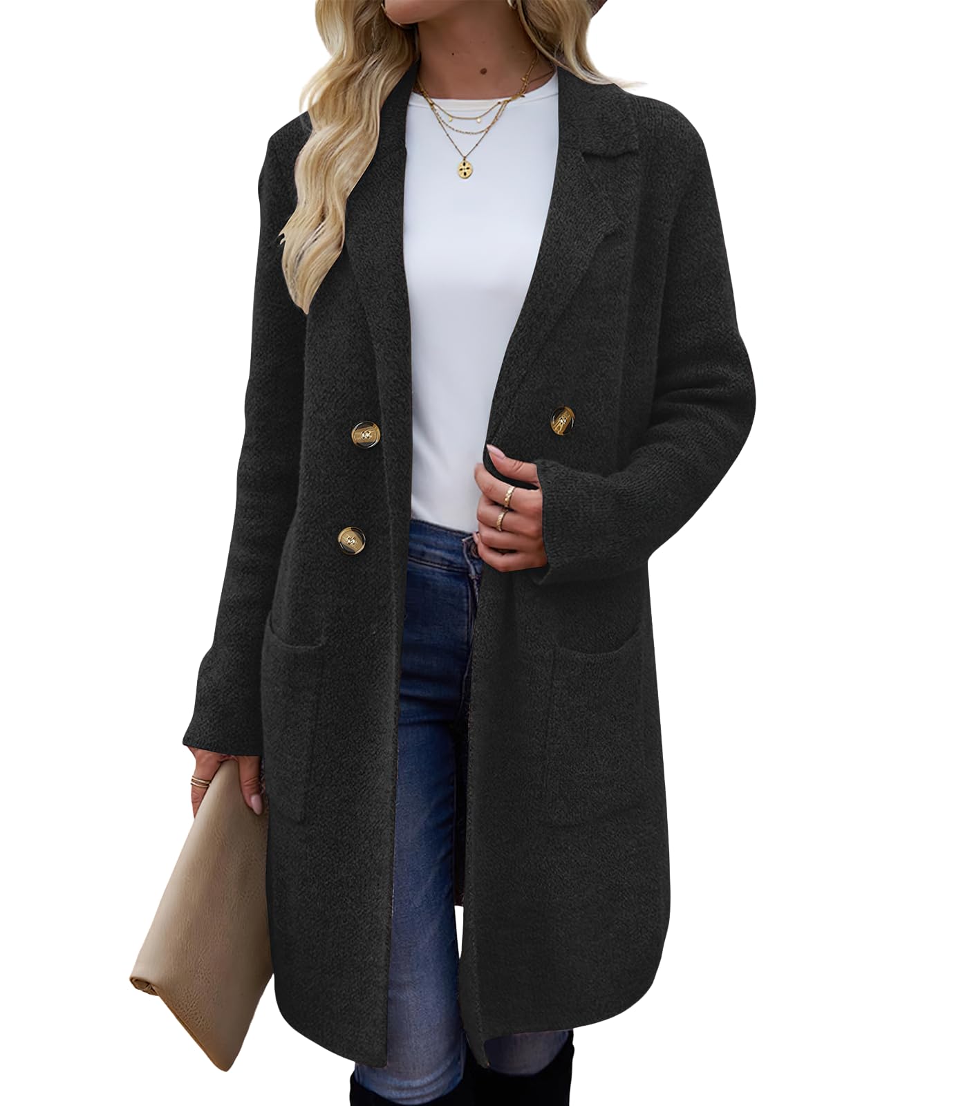 ebossy Womens Long Cardigan Sweater Notched Lapel Double Breasted Knit Blazer Jacket Wool Blend Coat with Pockets