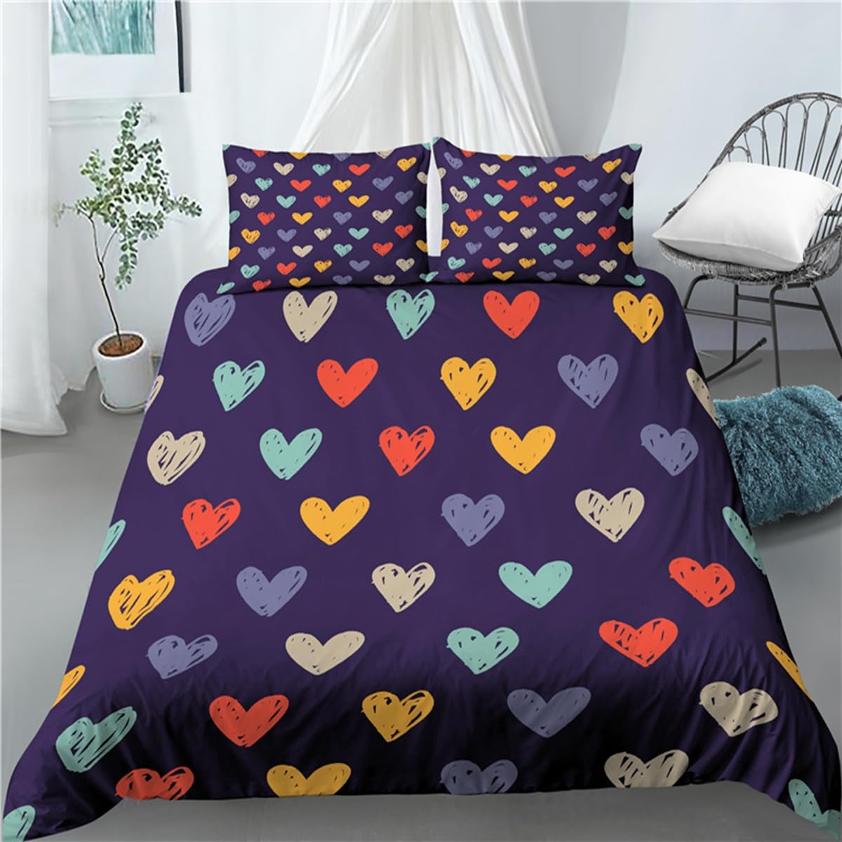 Housse de couette cœur violette 260x240 pour une chambre d'ado tendance et cosy