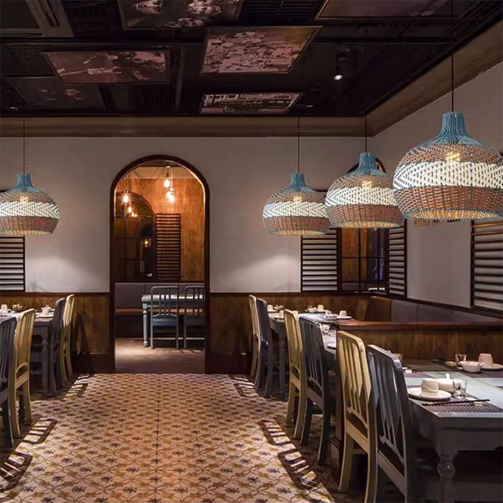Lampadario rustico a 1 luce in rattan, stile boho, per soggiorno, lampada a sospensione intrecciata a mano, illuminazione rustica per isola cucina e ristorante (40 cm/50 cm)