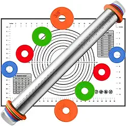 Rolo de massa de aço inoxidável com tapete de assar para pastelaria – Conjunto de rolo inclui tapete de silicone, pizza, torta, pastelaria, macarrão, biscoitos e pão CULINNÁ