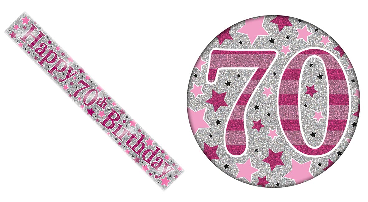 Age 70 Pink And Silver Star Holographic Shiny 70th Birthday Party Kit Set (Banner And Giant Badge)