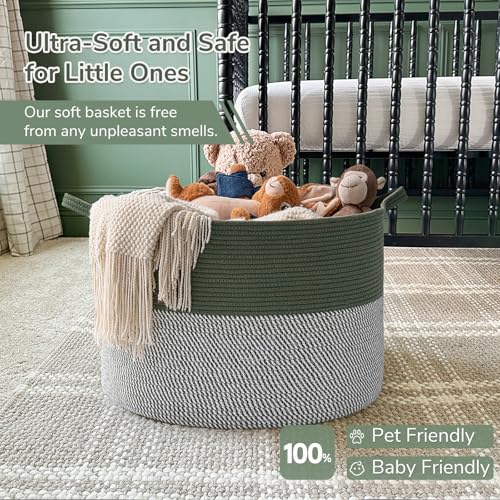 Image of INDRSSME Large Laundry Storage Basket, 21.7 x13. 8 - Decorative Rope Blanket Basket for Organizing Bedroom, Living Room, Nursery, Toy Storage for Colthes Towel, Empty Gift Baskets -Green