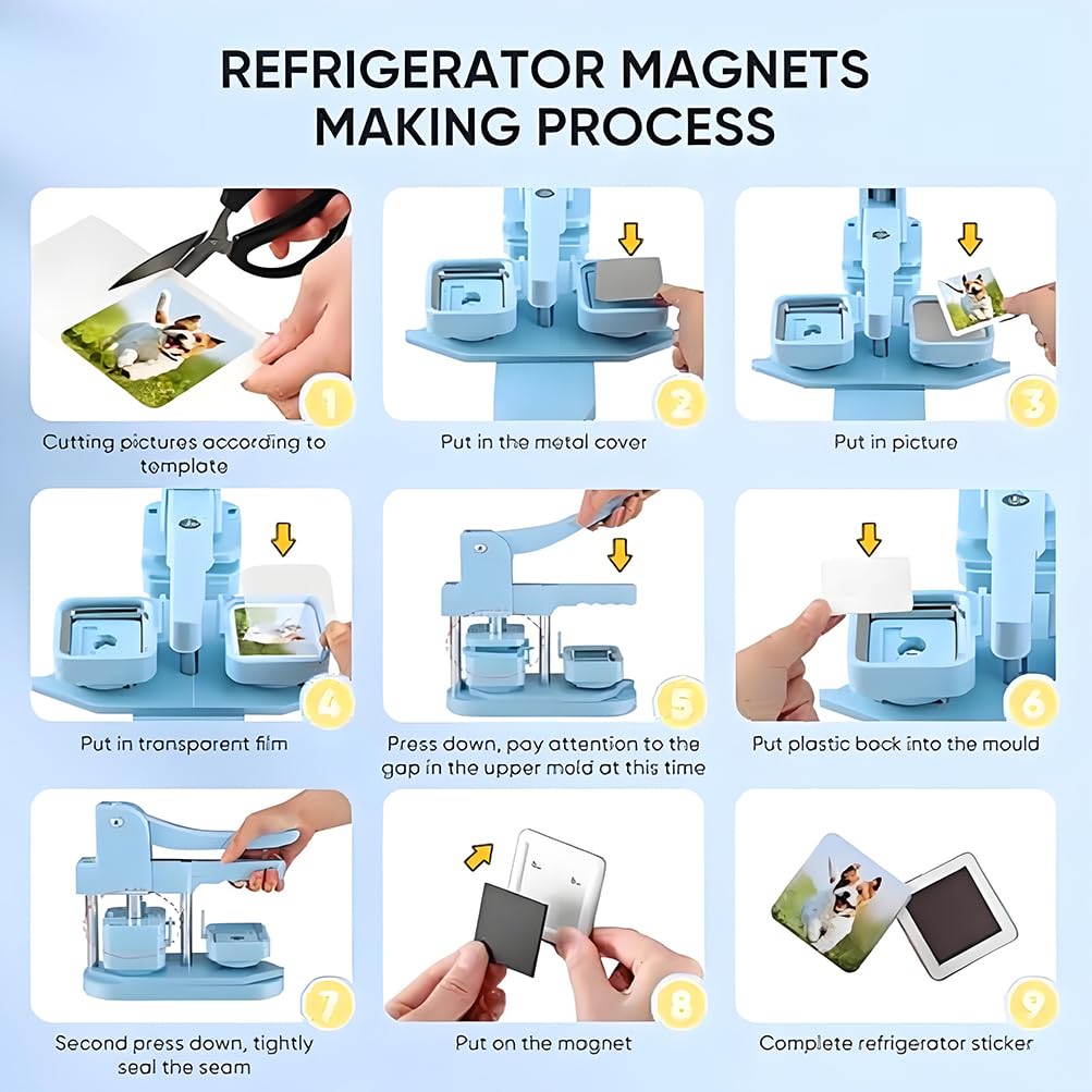 Máquina para hacer imanes cuadrados para refrigerador de 50 mm con suministros de 100 piezas, máquina para presionar botones de insignias de bricolaje para imanes, botones, alfileres personalizados
