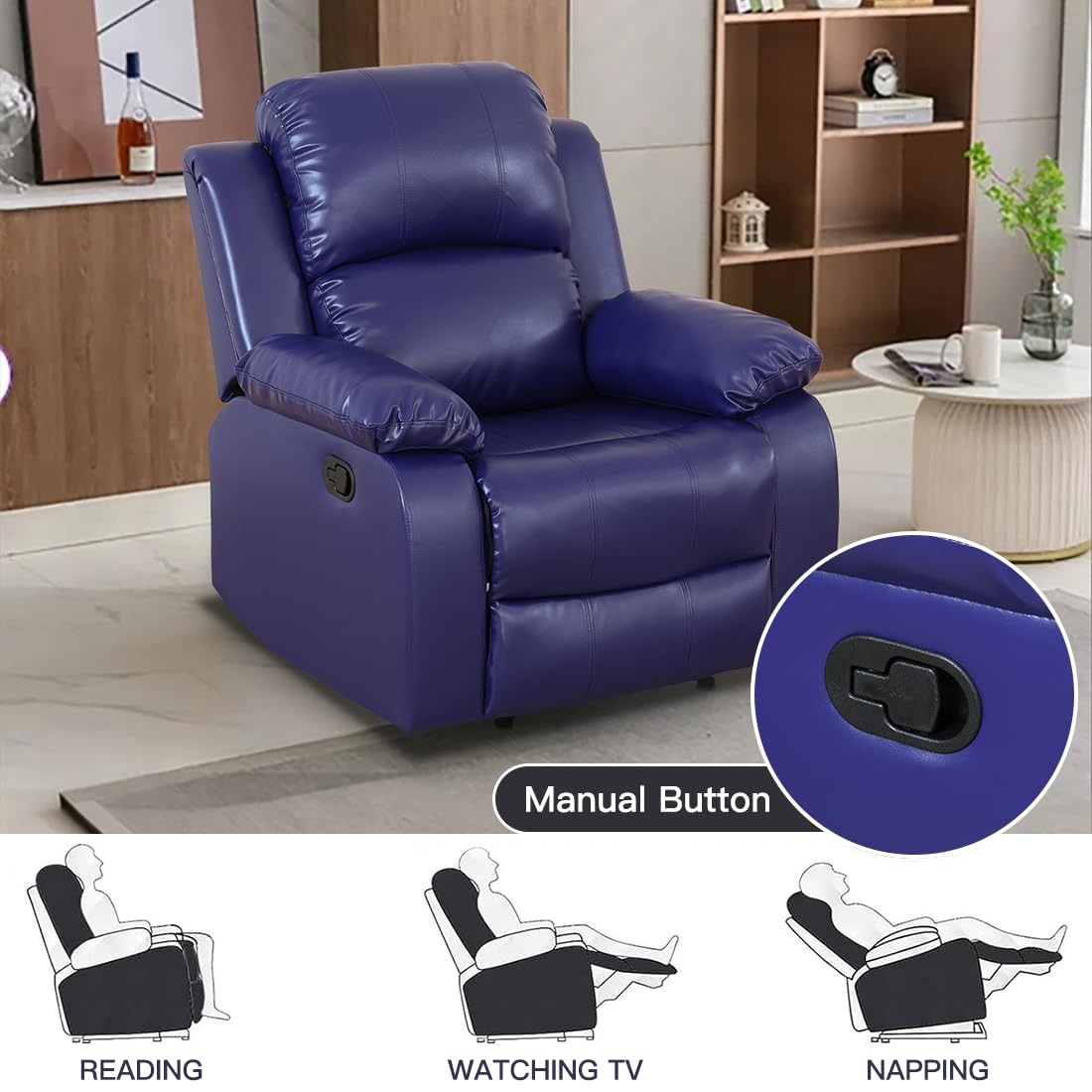 Toseslo Manual Recliner Chair Set, Living Room Furniture Sets with Adjustable Footrests, Modern Single Reclining Sofa Chair, Leather Reclining Couches, Recliner Furniture for RV/Apartment(Blue) view 4