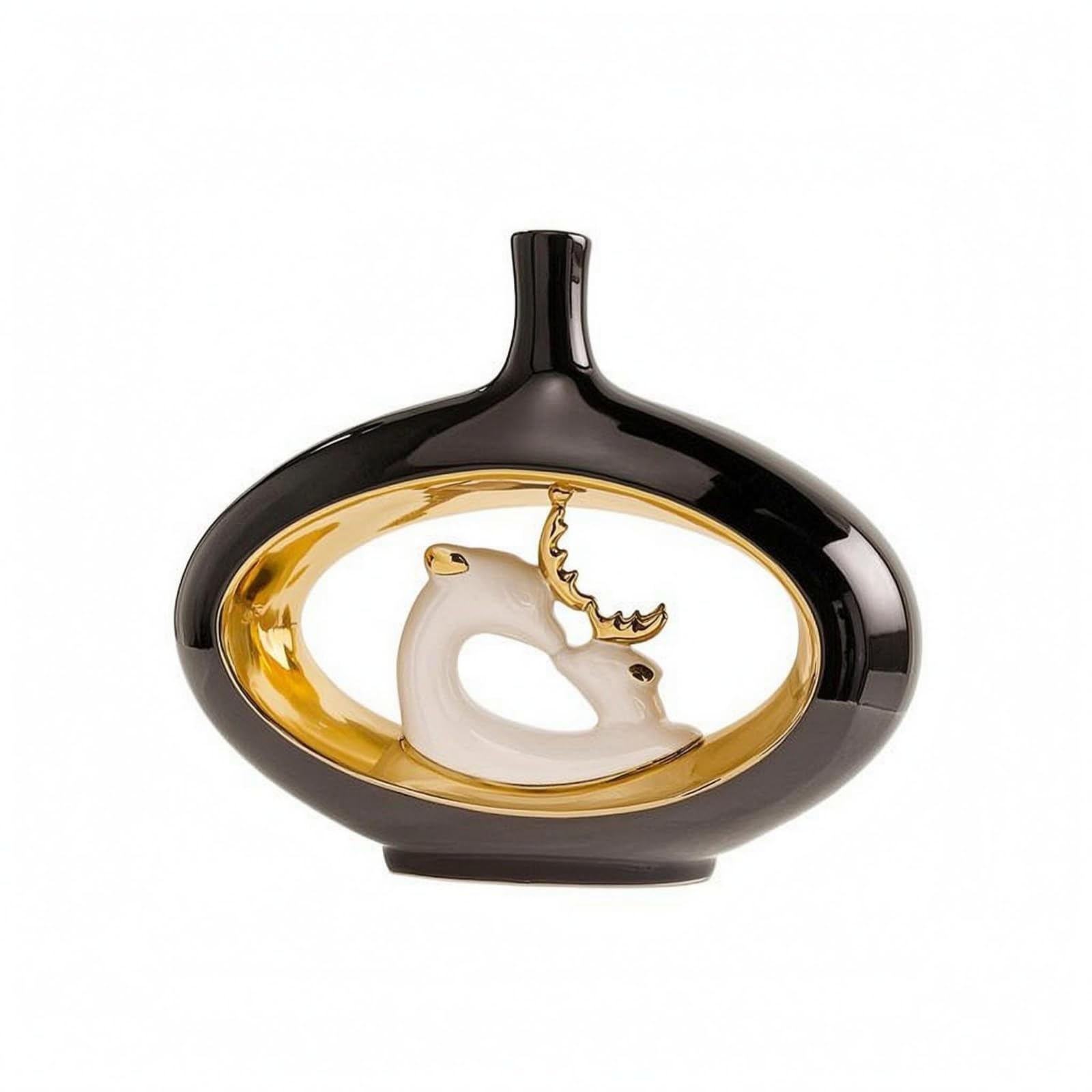 Jarrón Ciervo Esmalte Brillante Jarrón Cerámico Decorativo Estilo Clásico para Exhibición Floral, Negro, Dorado, Jarrón De Ciervo 11029