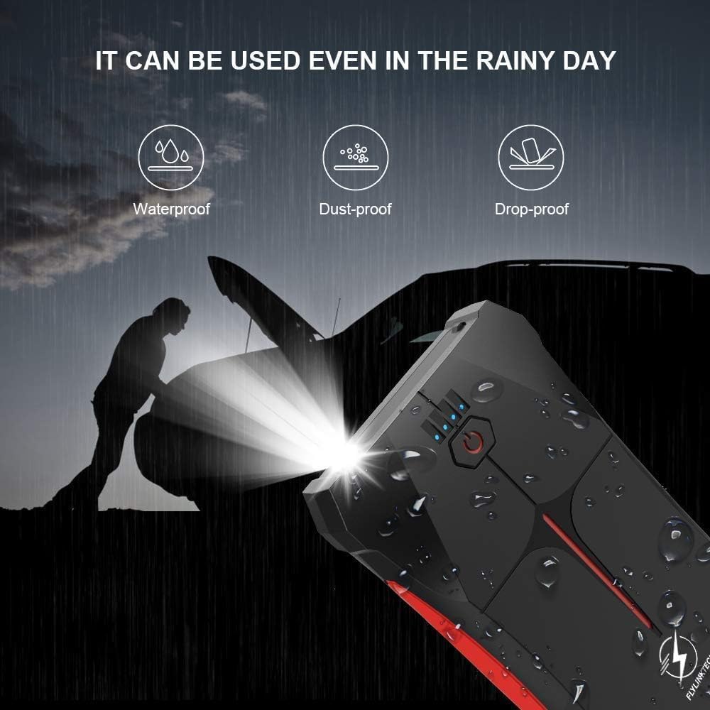 FLYLINKTECH Jump Starter with icons indicating its waterproof, dust-proof, and drop-proof features, shown in a rainy environment.