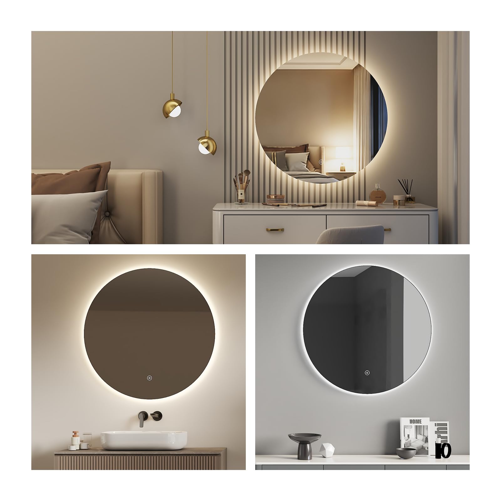 Badspiegel mit Beleuchtung Rund, 50 cm LED Spiegel mit Touch-Schalter, Badezimmer Spiegel mit Beleuchtung/3 Lichtfarbe Einstellbare/Dimmbar, LED Wandspiegel mit Licht, IP44