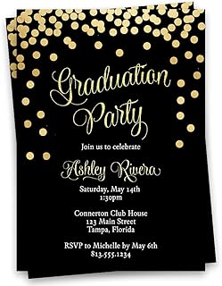 Graduation Invitations Open House Celebration Grad Invites Black and Gold Sparkle Glitter Confetti Commencement High School College Trade School Fully Customizable Printed Cards (12 Count)