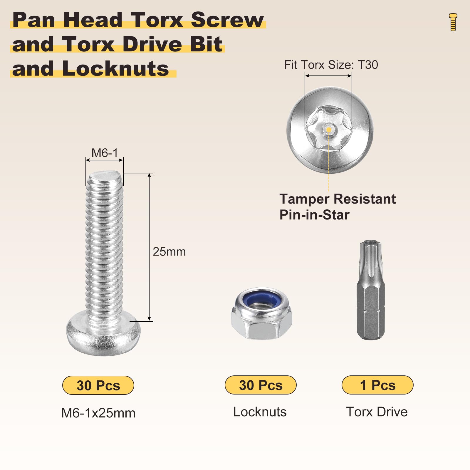 METALLIXITY Pan Head Torx Screws (M6-1x25mm) 60pcs with Locknuts and Torx Drive Bit Kit, Button Head Machine Screws - Image 2