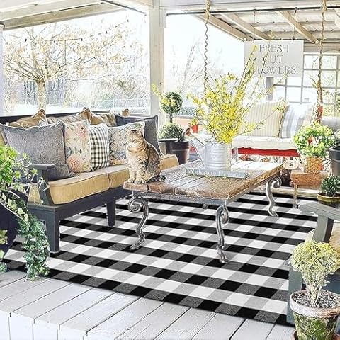 EARTHALL Buffalo Plaid Rug Black and White Area Rug, 5x7 Cotton Hand-Woven Washable Indoor Outdoor Area Rug Farmhouse/Dining Room/Bedroom/Living Room Rug Retro Lattice Checkered Carpet Cover