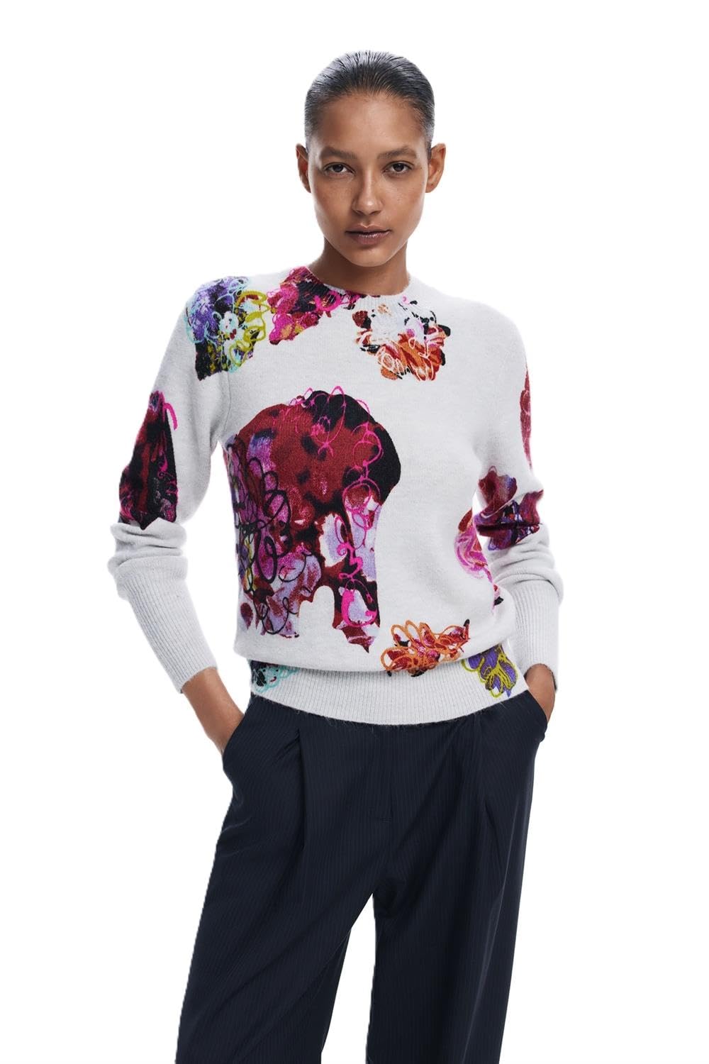 Desigual Women's Woman Flat Knit Thick Gauge Pullover Sweater, Blue, XL