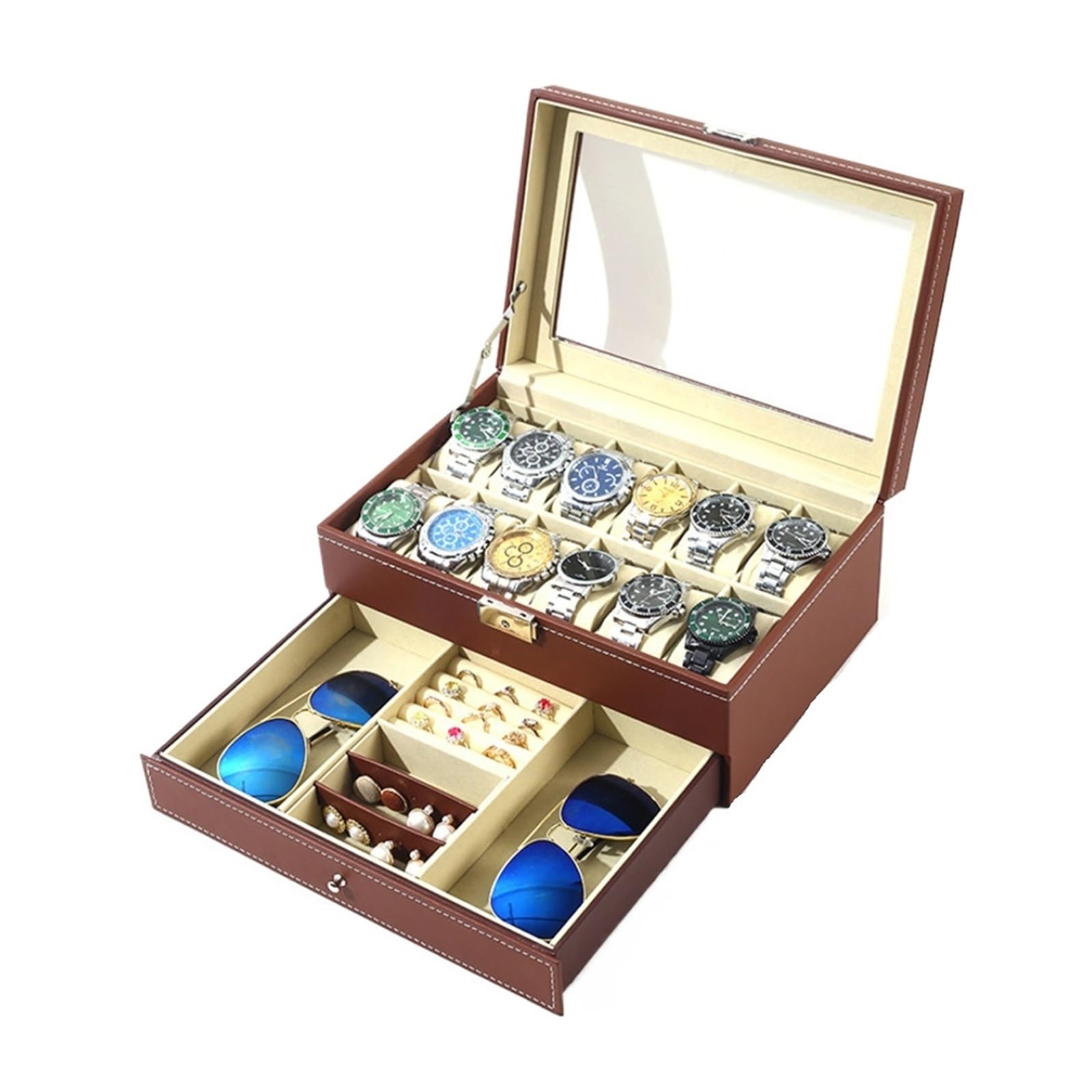 EKalgretrA Watch Case 12 Slot Lockable Watch Storage Boxes,Men Women's Jewelry Display Drawer Case, 2-Tier Organizer Showcase