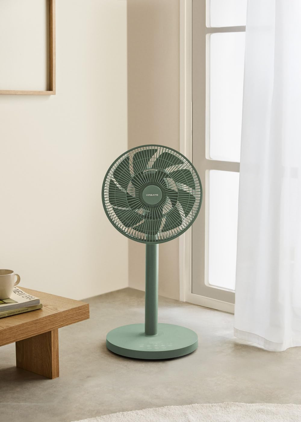 CREATE / AIR STAND 3D / Ventilador de pie con oscilación 3D ultrasilencioso verde sage/Cobertura de aire 3D, altura regulable, 12 velocidades, base antideslizante, 30W