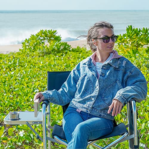 Fundango Aluminium Camping Director Chair With Armrest, Portable Lightweight Folding Outdoor Camping Chair With Side Table & Umbrella Holder, Full Back Lawn Chair For Camping Fishing Picnic,Black #TOP5