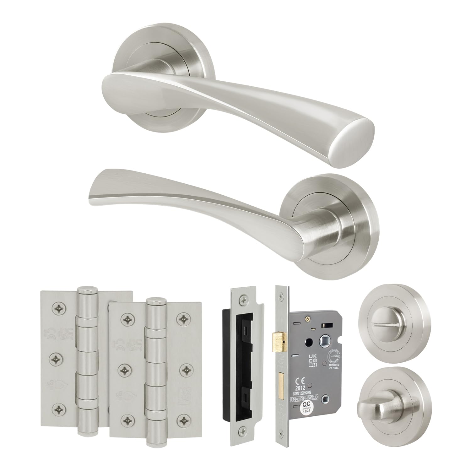 EAI Satin Nickel Door Handles with Bathroom Lock, Hinges - Novoli