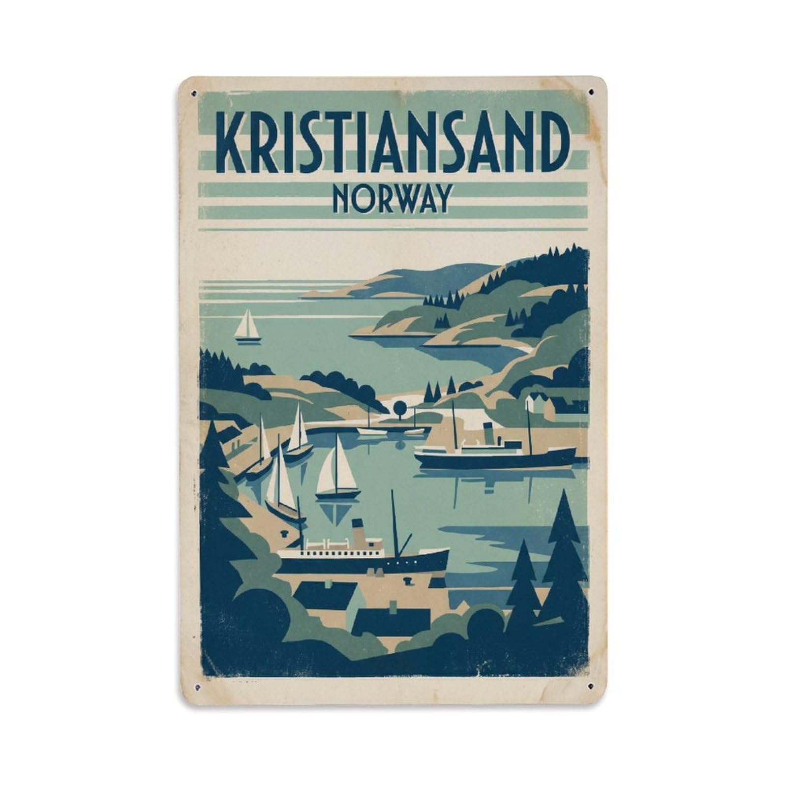 Vintage Norway Kristiansand Travel Metal Tin Sign