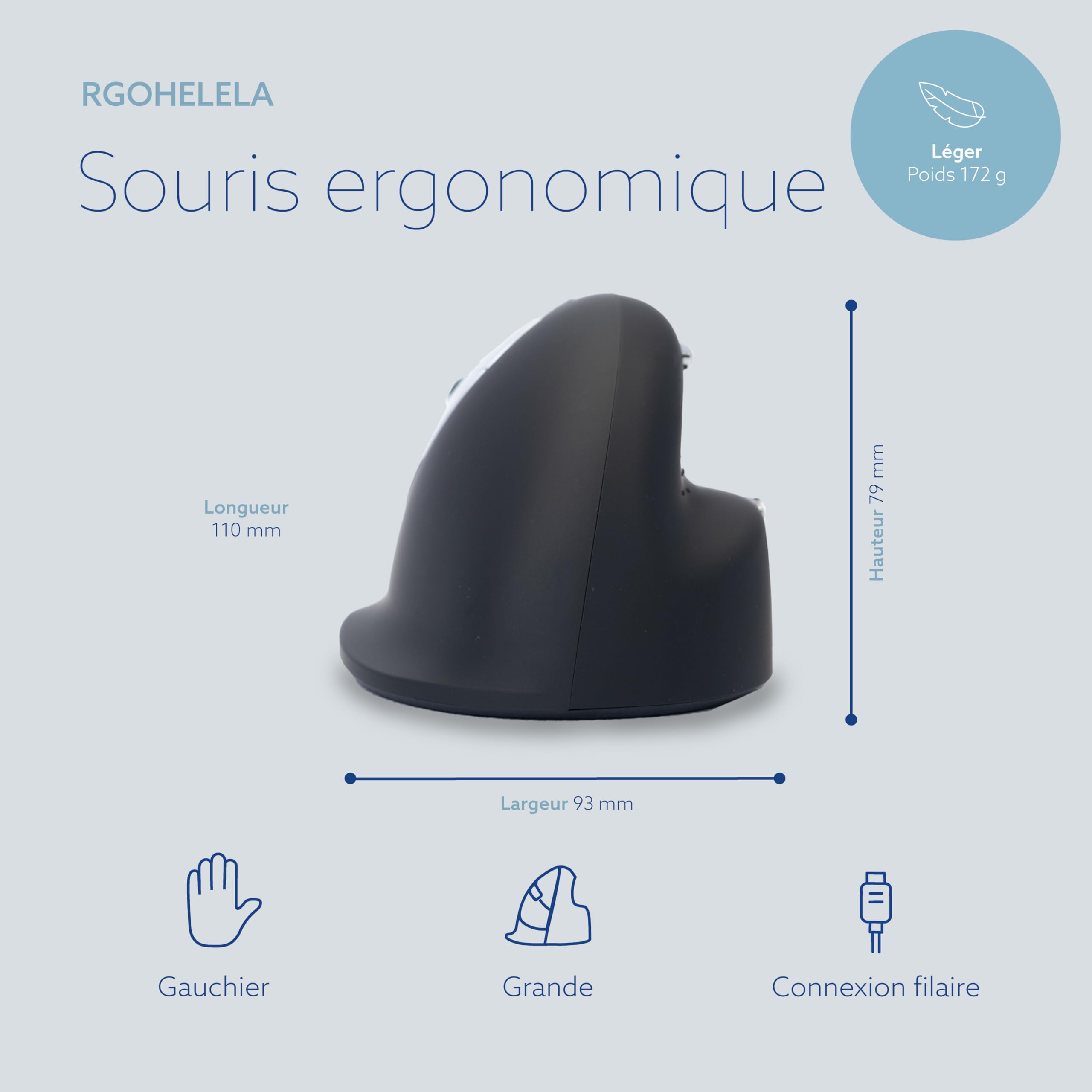 R-Go HE Souris Ergonomique Filaire, pour gaucher, Grande Taille, avec Le Logiciel Anti-TMS, Prévention tendinite, Souris Verticale, pour Windows/MacOS/Linux, 2400 DPI réglable et 5 Boutons
