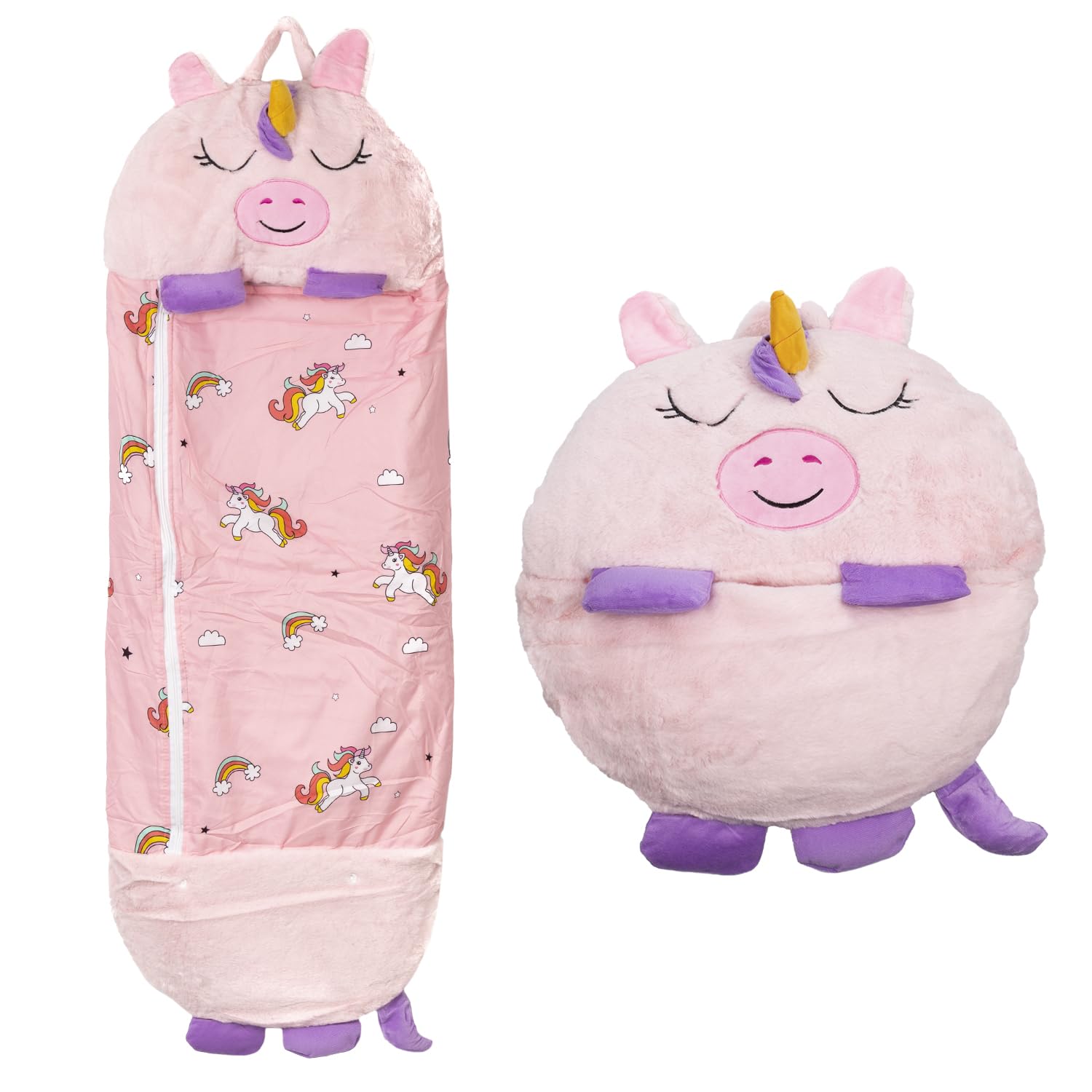DAM Saco de Dormir Convertible en Almohada, para niños, Cerdicornio Rosa. Tacto Peluche. Pequeño/S: 128x45cm. 135x50x40 Cm. Color: Rosa Claro