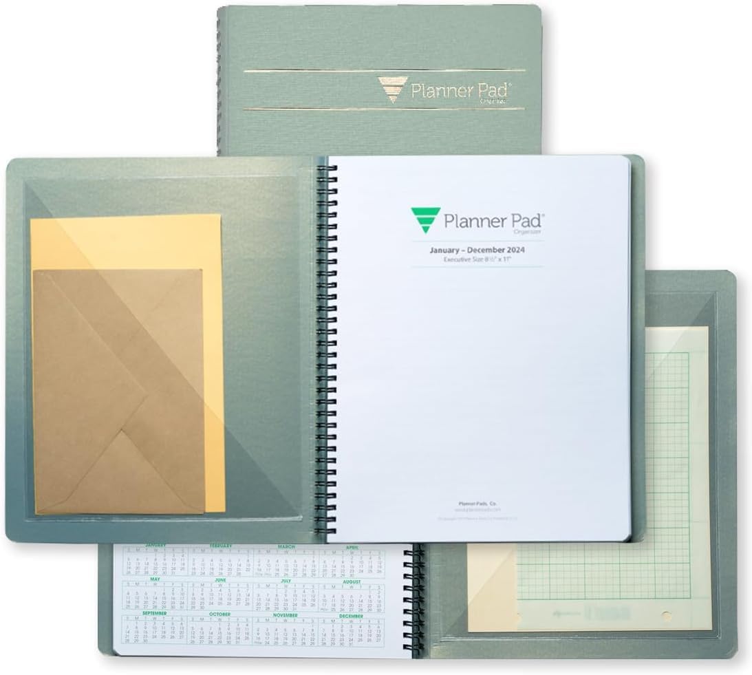 Planner Pad Spiral Bound January-December 2026/Calendar Year 6 3/4" x 8 1/2" Medium, Greenish Grey Cover/Soft Green Ink, Organizer and Front and Back Insta Pockets Combo