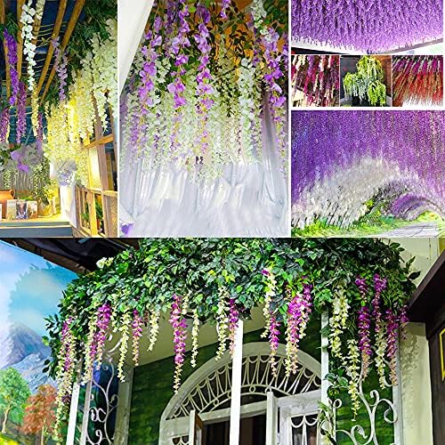 Dveda 24 Pack 3.6 Feet/Piece Wisteria Artificial Flowers, Fake Wisteria Vine Ratta Hanging Flowers with Green Leaves, Fake Outdoor Silk Flowers for Home Party Garden Wall Wedding Decorations, Purple