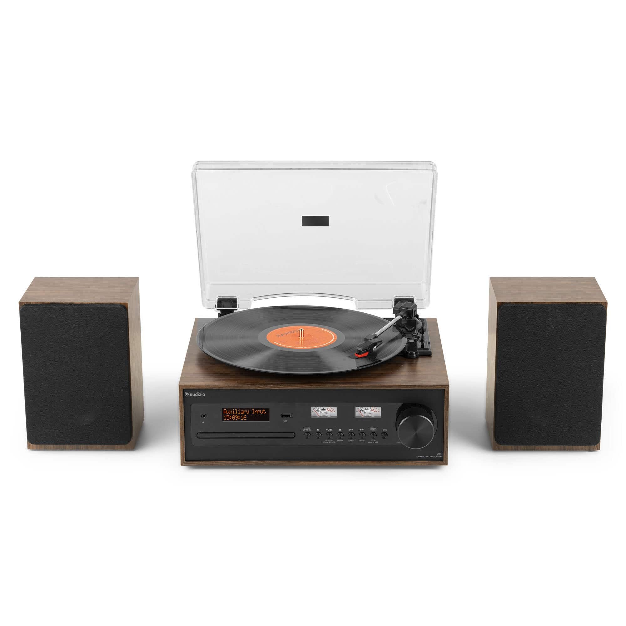 Audizio Boston Retro HiFi Giradischi Bluetooth CD MP3 USB, Radio Dab+, Altoparlanti Stereo, Ingresso AUX, Uscita Cuffie, 3 velocità, Telecomando e Vummetri illuminati