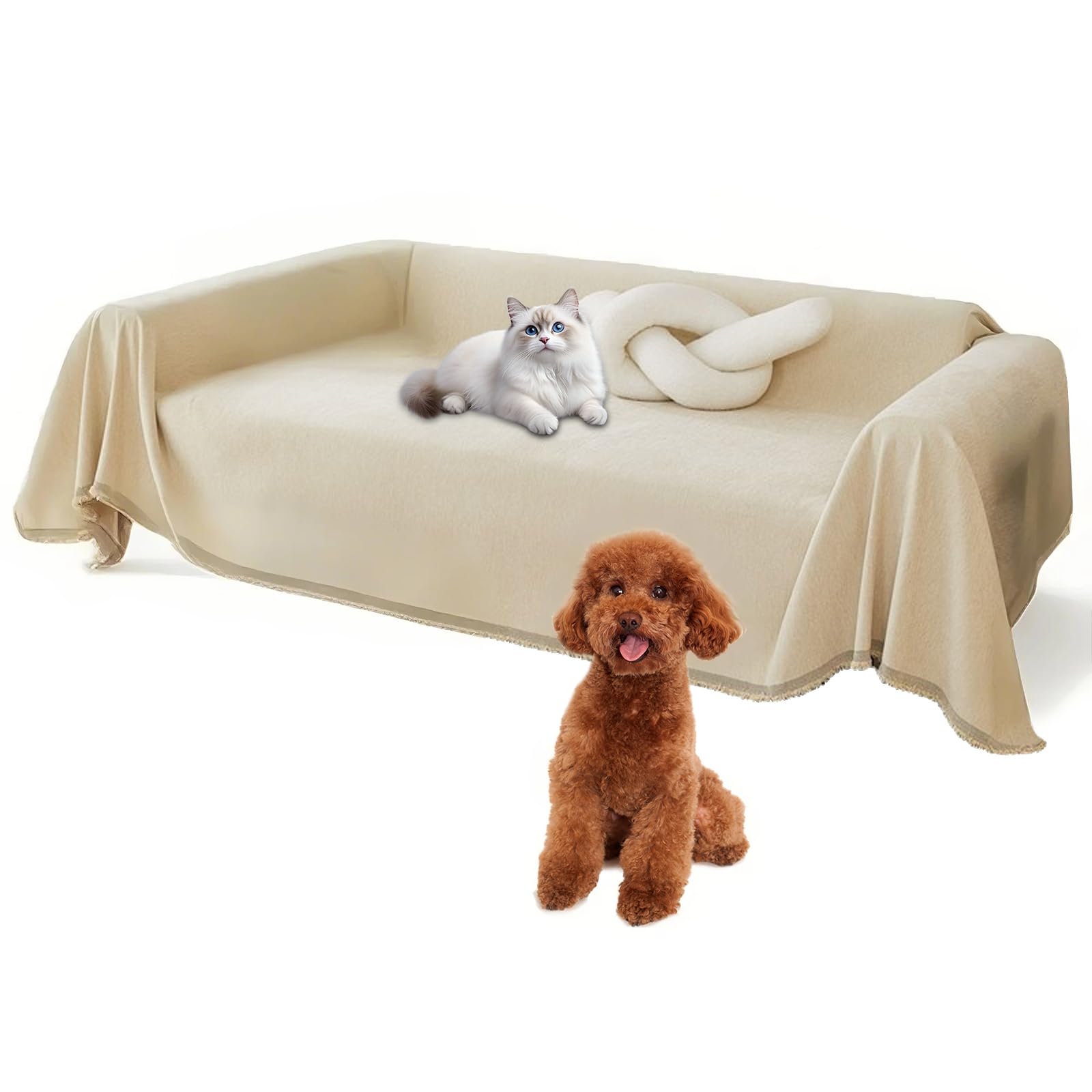 Funda Sofa Antideslizante Para Mascotas, Protector Antipelos Ajustable 3 Plazas, Extraíble Para Gatos Arañazo y Perros (Beige, 180*300cm)