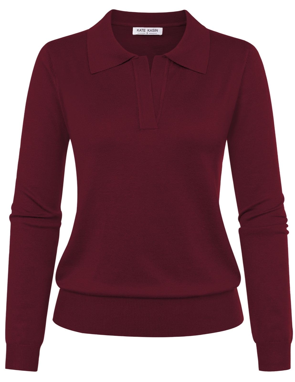 Kate Kasin Women Long Sleeve Polo Sweater V Neck Knitted Tops Casual Ribbed Shirt Loose Pullover Sweater
