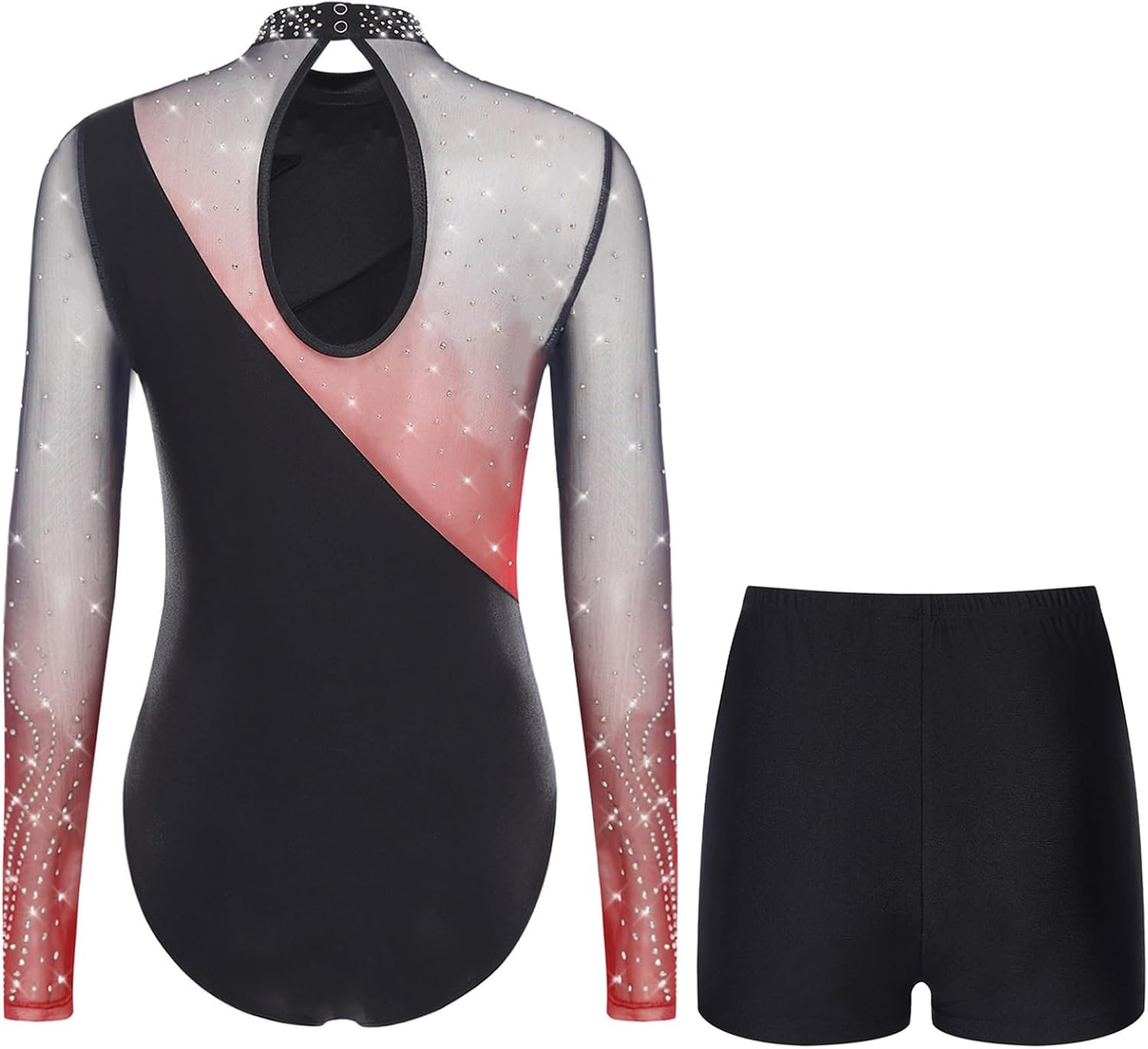 Linjinx Womens Rhinestones Gymnastics Leotard Bodysuit Figure Skating Jumpsuit Contrast Color Ballet Dance Unitard