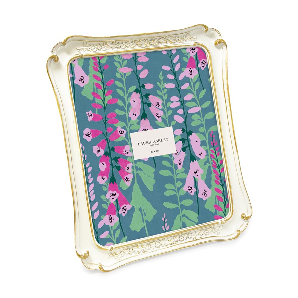 Laura Ashley (8x10 Vintage-Inspired Simple Ornate Picture Frame White with Gold Edges, Horizontal & Vertical for Tabletop and Wall Display, Home Décor, Floral, Resin Frame (8x10, White with Gold)