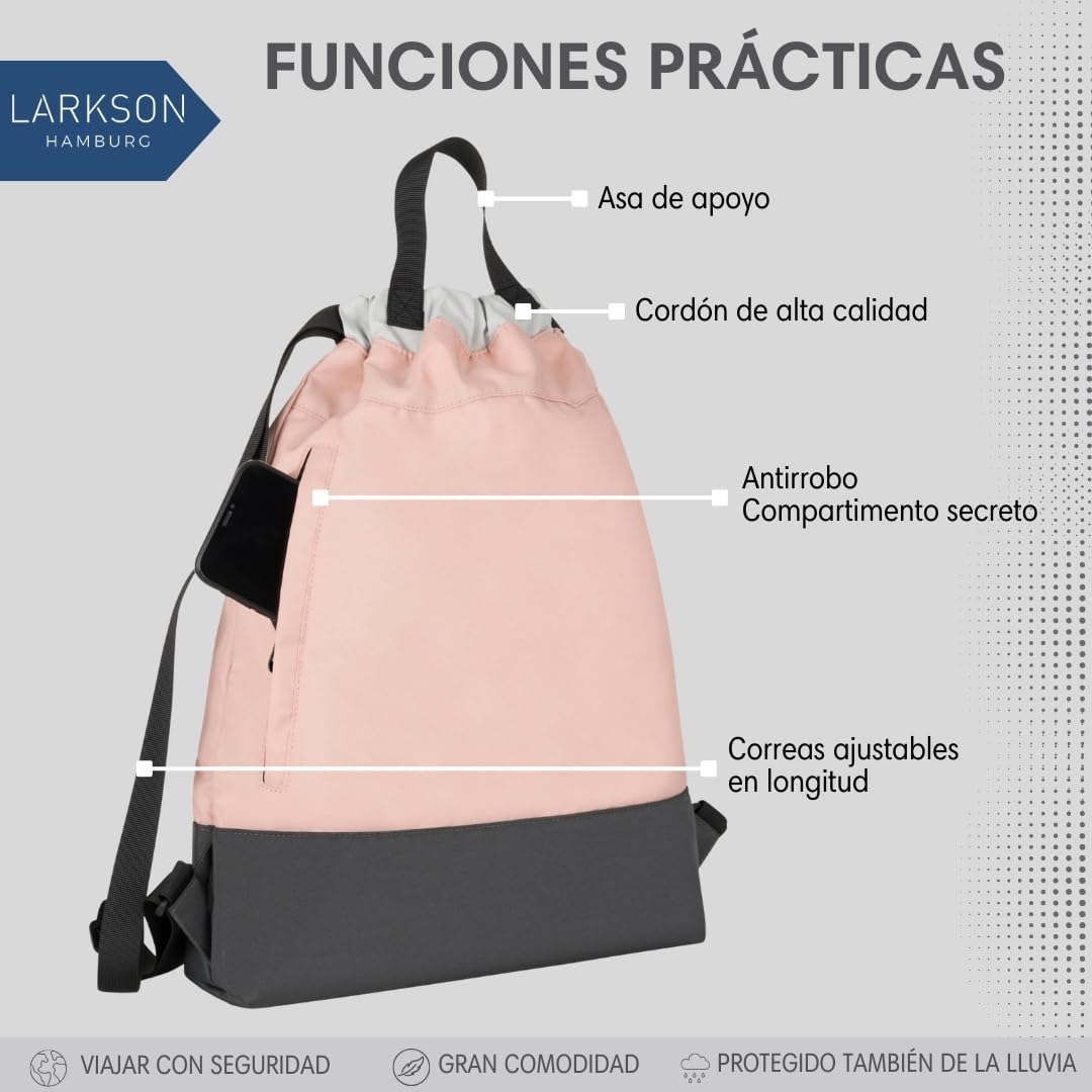 LARKSON Bolso de Deporte para Hombre y Mujer Rosa Gris - No 7 - Bolsa para niños con Cordón - Mochila pequeña de tela para el Gimnasio - Material reciclado — view 4